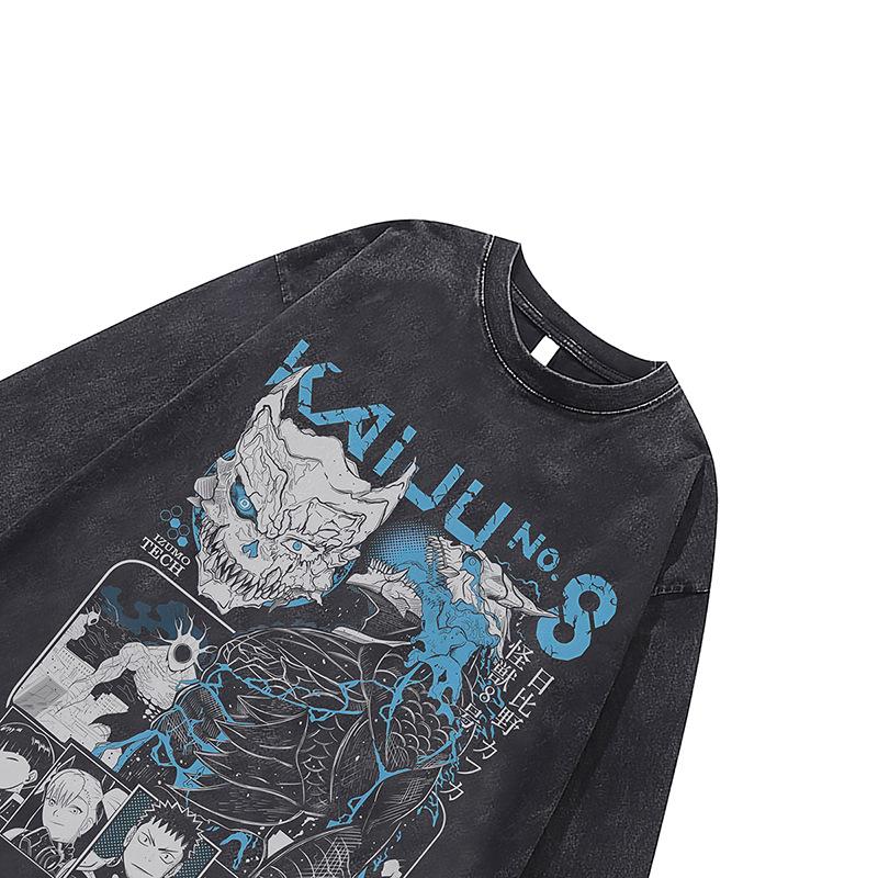 Dark Cartoon Digital Direct Injection Printing Washed Long-Sleeved T-Shirt For Men And Women American Retro Crew Neck Sweater