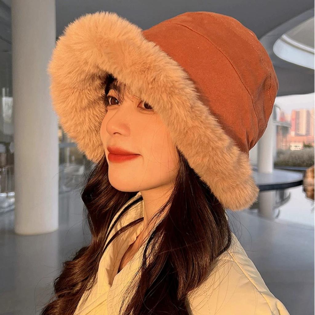 Plush bucket hat women's winter new thickened warm basin hat protective ear bucket hat winter plush Mongolian hat