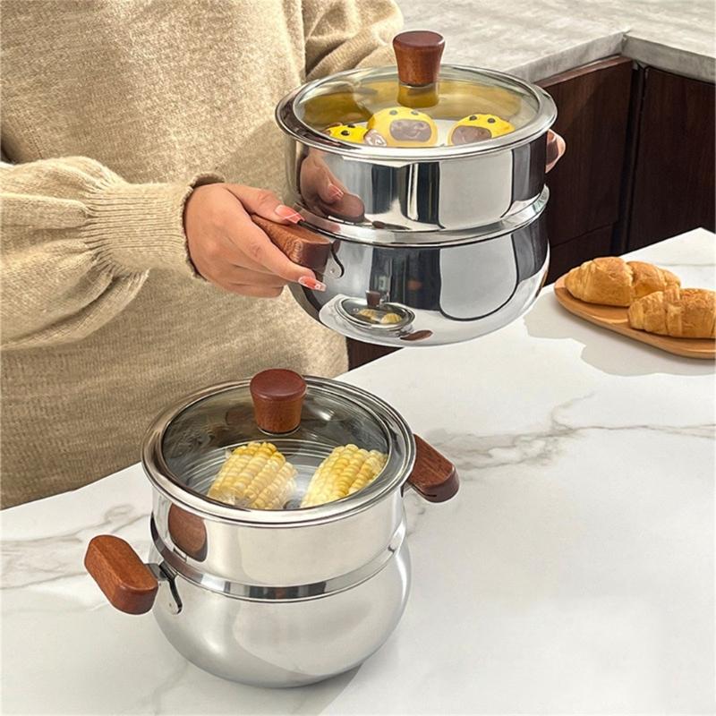 Premium 304 Stainless Steel Double Layer Steamer Pot with Wood Handle Suitable for Efficient and Even Cooking Experience