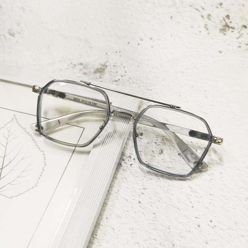 Anti-Blue Glasses Transparent Frame Retro Double Beam Pilot Flat Light Eye Frame Can Be Equipped With Degree Women'S Myopia Glasses