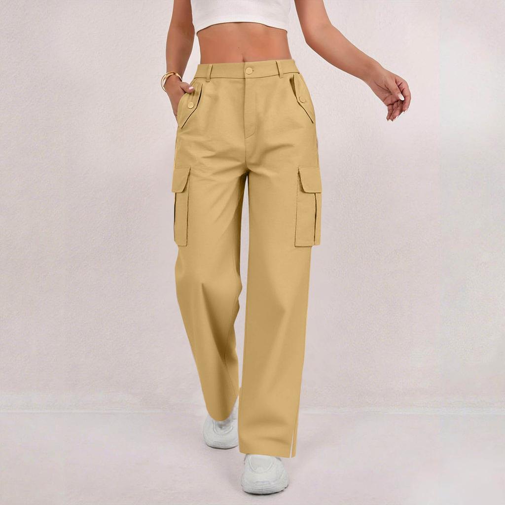 Women's Fashion Relaxed-Fit Pocket Straight-Leg Pants Sporty Wide-Leg Pants High-Waisted Casual Cropped Pants