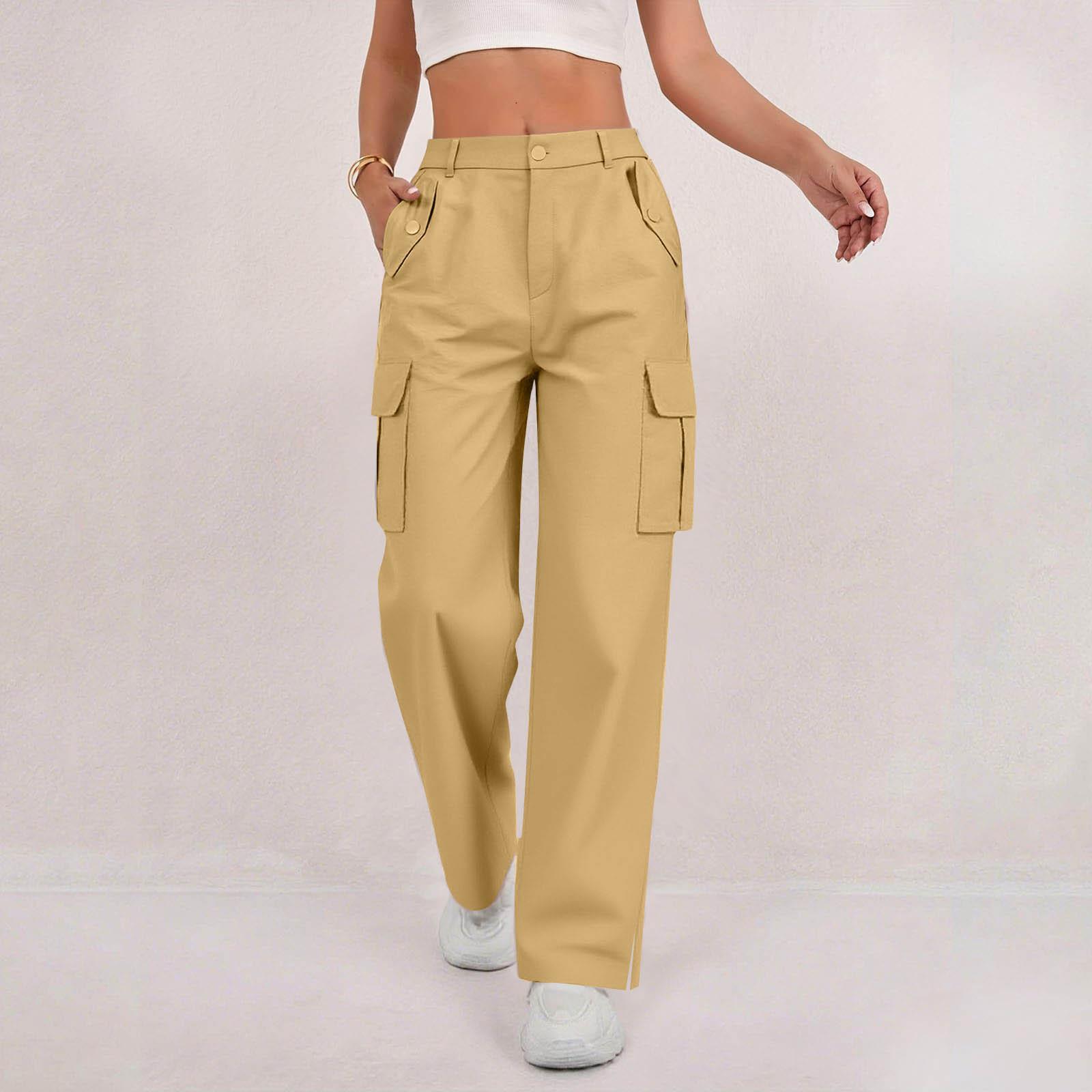 

Women s Fashion Relaxed-Fit Pocket Straight-Leg Pants Sporty Wide-Leg Pants High-Waisted Casual Cropped Pants XL жовтий