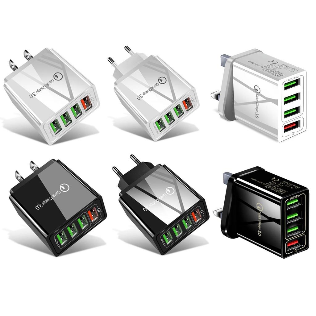 QC3.0 Multi-Port Fast Charger: 4 USB Ports, 5V/9V/12V, US & EU Plug, Travel Friendly.