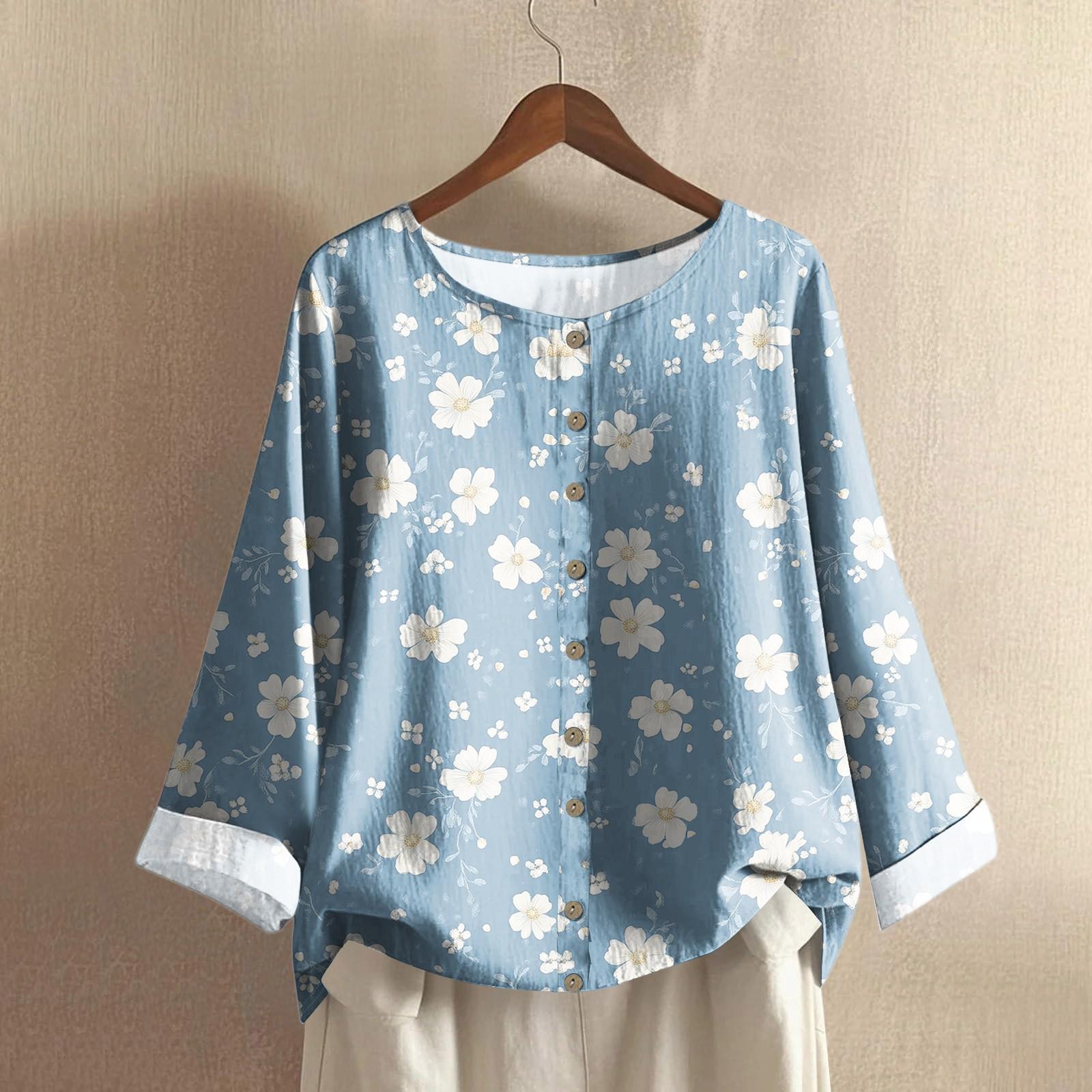 

Женский повседневный топ с длинным рукавом и круглым вырезом, из хлопка и льна, с цветочным принтом XL синий