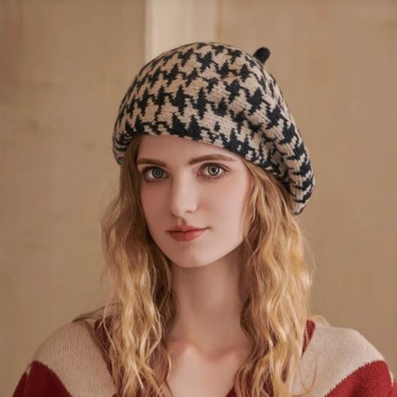 Women's Thousand Bird Plaid Beret Style Beanie Knit Hat Warm Keeping Fashion Artist Art Warm Hat Cap