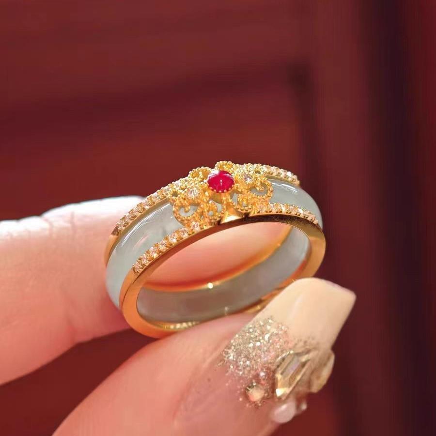 [Jinyu Liangyuan] Cold feeling noble imitation jade set ring new Chinese retro national style flower window pattern ring women