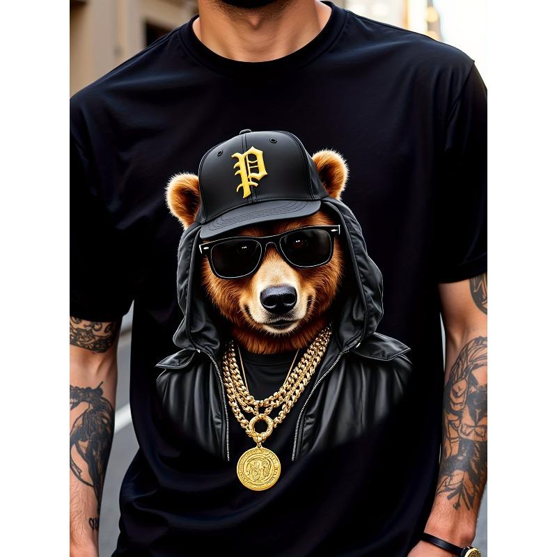 

European sizes Men S Hip-Hop Streetwear T-Shirt with Cool Bear Graphic, Fashion Glasses & Golden Chain Design - Regular Fit Casual Tee for All Seasons XL чорний