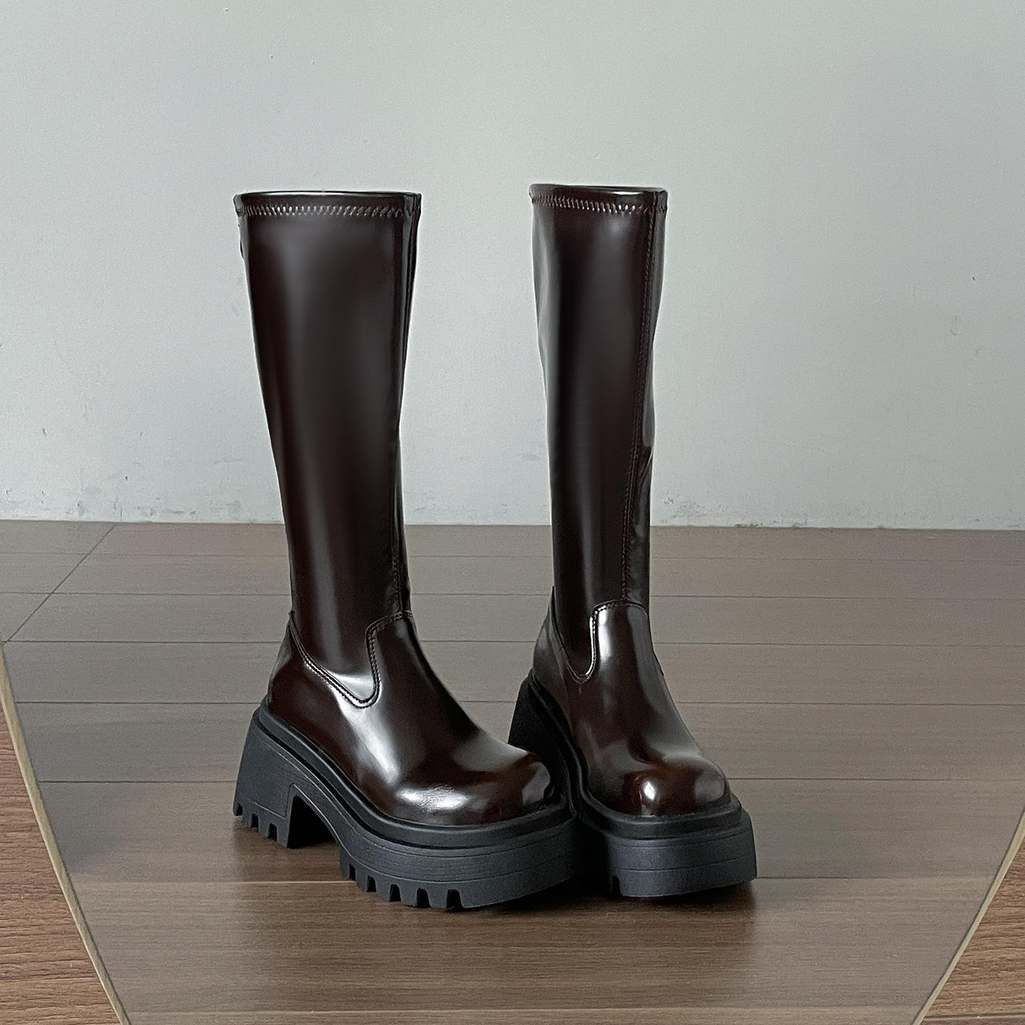 

Queen Fan Black Coarse Heel Platform Boots Women s Boots 2025 New Autumn Skirt Skinny Knight Boots 40 коричневий