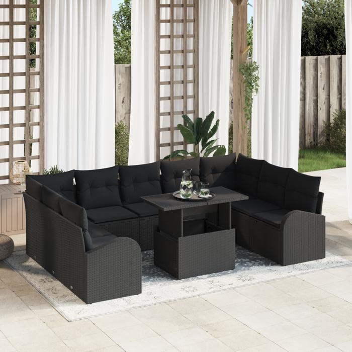 VidaXL Ensemble de canapé de jardin 10 pièces avec coussins noirs en rotin poly 3348709