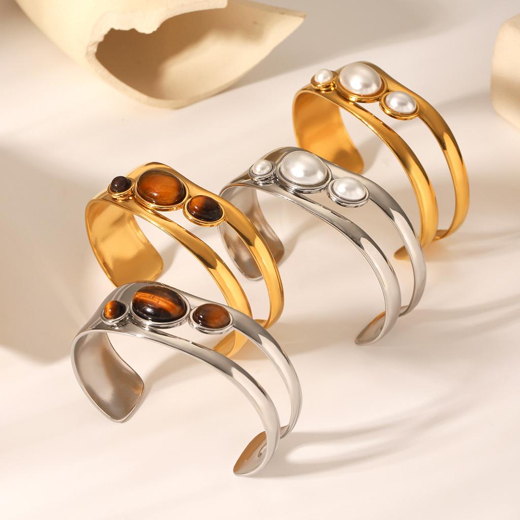 Hollow-out Stainless Steel Tiger Eye Open Bangle for Women, Pearl Bracelet, Titanium Steel Jewelry, Non-fading Accessory