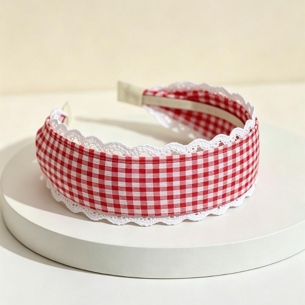 White Lace Trim Wide Plaid Hairband Wide Design White Lace Hair Hoop Casual Outfit