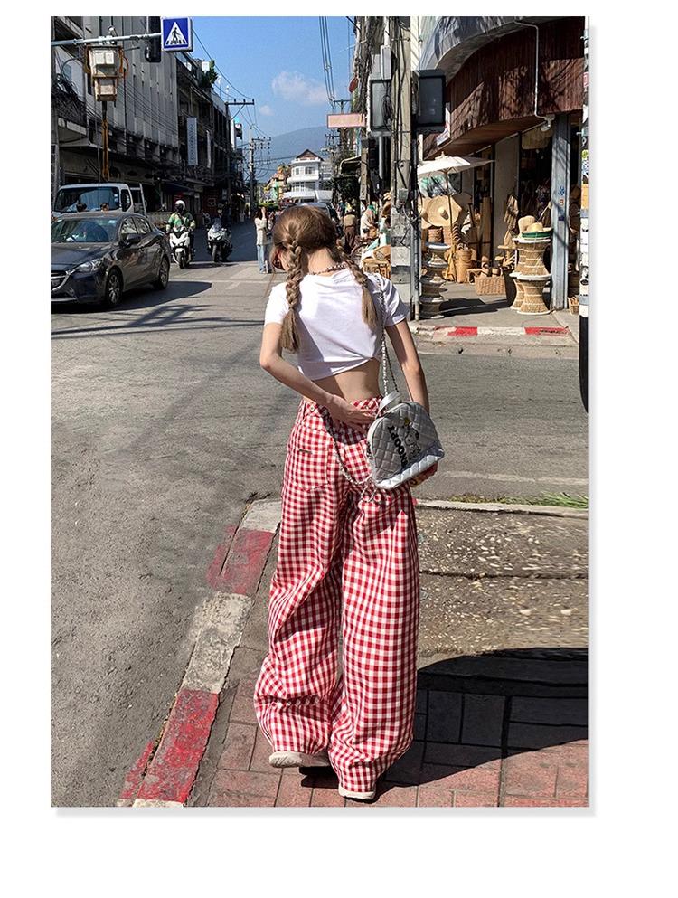 Women's Retro Red Plaid High-Waisted Wide-Leg Pants - 2025 Spring Collection