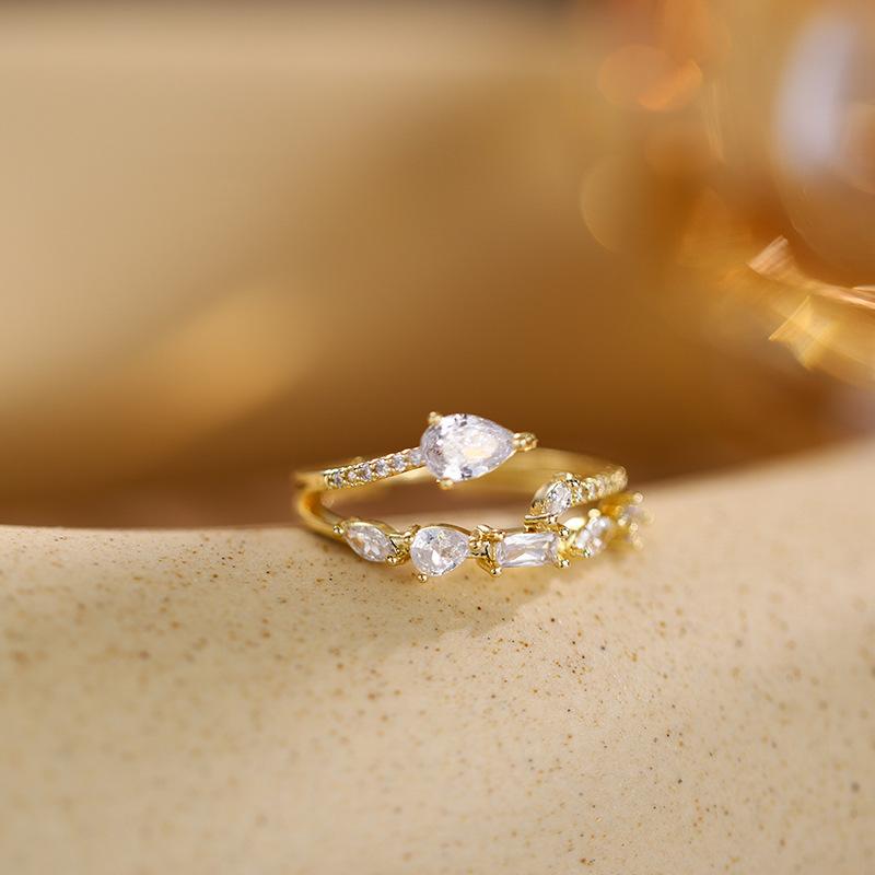 Cold Wind And Water Drop Zircon Ring Women'S Fashion Gold-Plated High-End Sense Can Be Stacked Open Ring Girlfriend Style