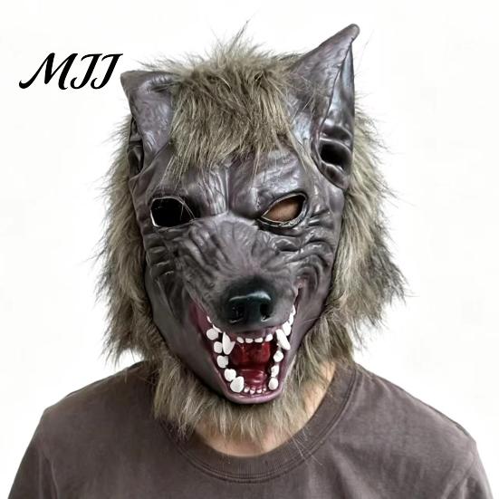 Strašidelná party pokrývka hlavy Halloweenská vlkodlačí maska na celou hlavu, Latexová vlkodlačí cosplay pokrývka hlavy s plně zakrývající maskou, Realistická srst, Rekvizita pro strašidelný dům,