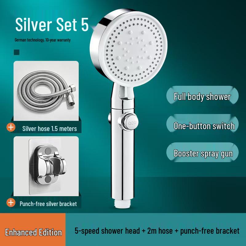 Five-Speed Frosted Black Shower Head & Booster Hose Set