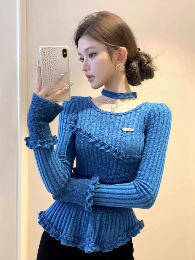 Korean Style 3D Decor Long Sleeve Top - Slimming, Solid Color, Versatile Tee for Autumn/Winter