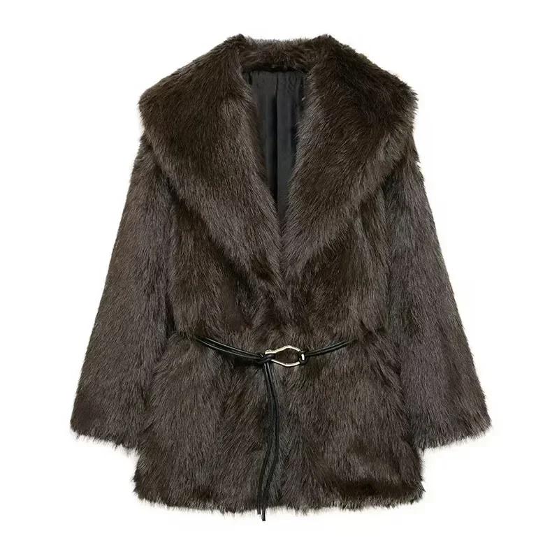 Vintage Luxury Faux Fur Women Coats Fashion Belt Lapel Full Sleeve Female Jacket 2025 Winter Street Loose Thicken Lady Outwears