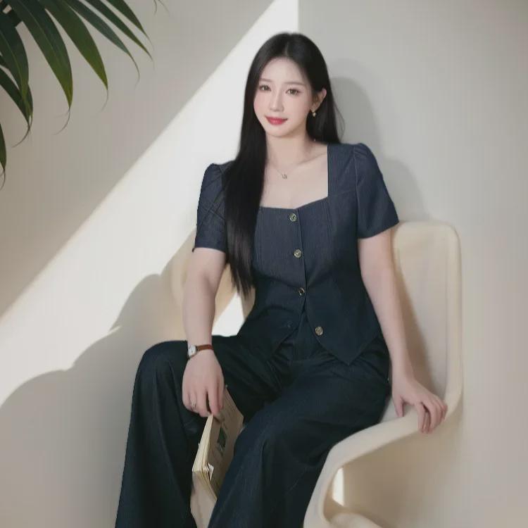 [In Stock] Plus Size Women's Retro Denim-Look Top & Wide-Leg Pants Summer Slimming Set 6160
