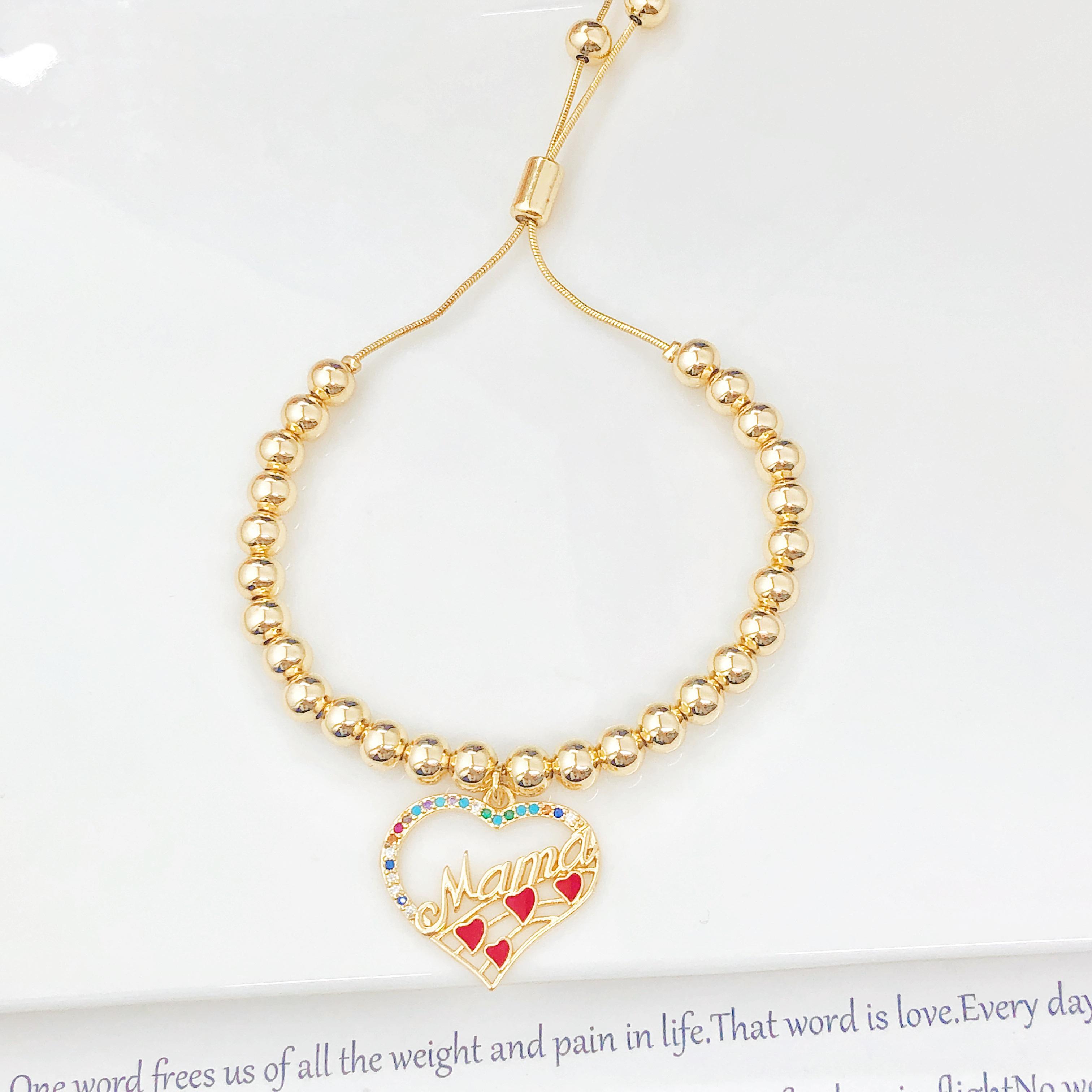 New Arrival Gold-Plated Heart-Shaped Zircon Mama Copper Bead Bracelet Classic for Women Holiday Party Zircon Mother s Day Gift