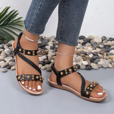 Fashion Shoes for Women 2024 Fashion Summer Women's Sandals Elastic Band Solid Beads Open Toe Low-heeled Large Size 43 Casual Sandals