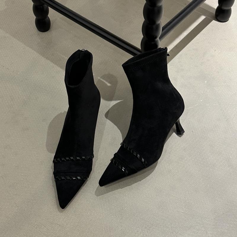 

SUOJIALUN New Brand Winter Women Short Boots Fashion Weave Pointed Toe Ladies Elegant Ankle Boots Thin High Heel Chelsea Boots 35
