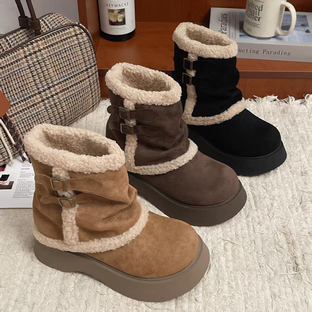 [Fanfna] Snow boots women's 2025 winter new thick-soled piled thickened warm retro lamb wool cotton shoes