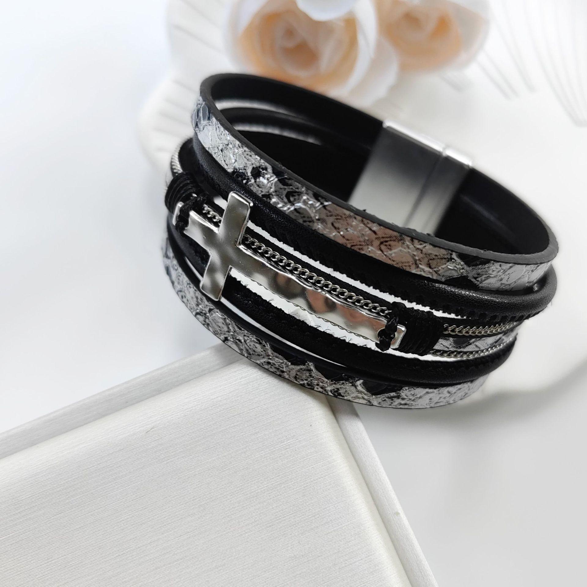Women s European-American Fashion Multi-layer Leather Bracelet with God Cross and Magnetic Buckle чёрный