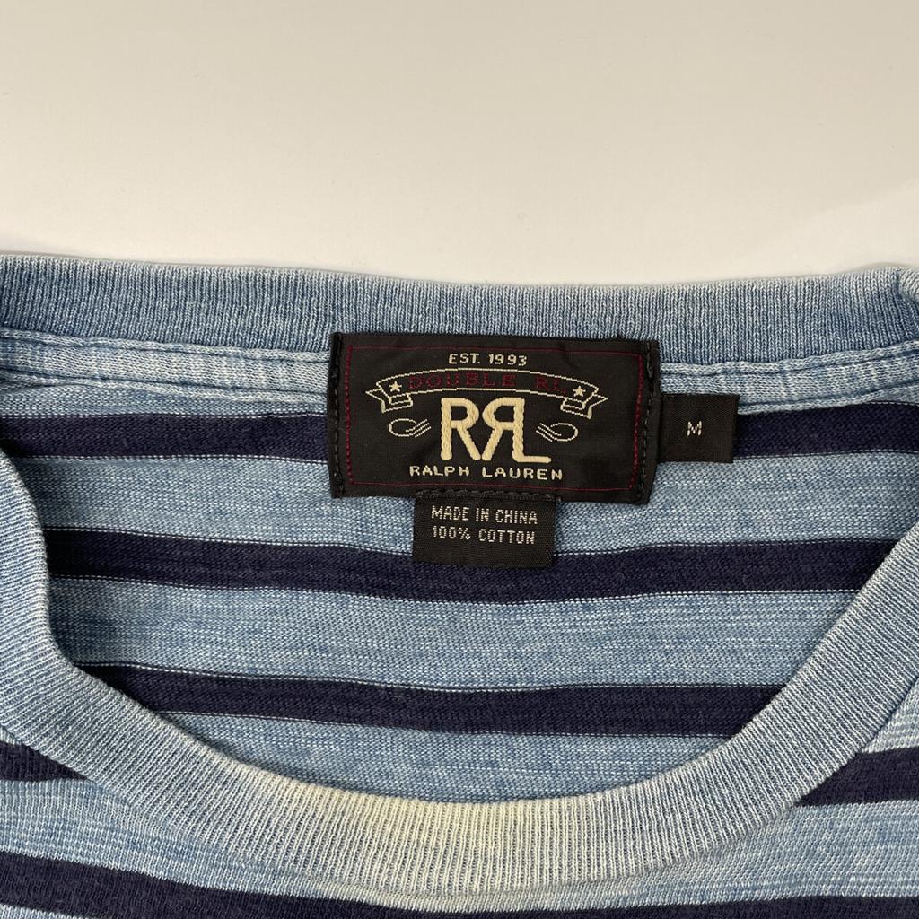 RRL Indigo X Blue Border Cotton Long Sleeve T-Shirt Tops M Indigo X blueUsed