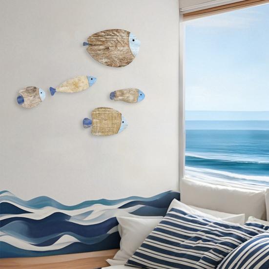 5Pcs/Set Vintage Wooden Fish Wall Decoration Nautical Coastal Ocean Theme Hanging Ornament School of Fish Beach Lake House Bathroom Wall Art