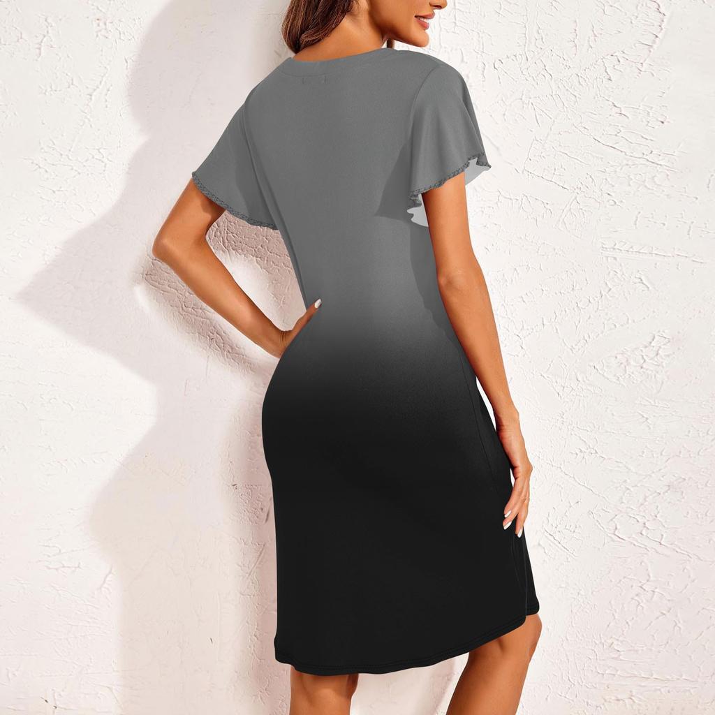 Pyjama pour femmes à manches courtes évasées et col en V, robe décontractée boutonnée à dégradé