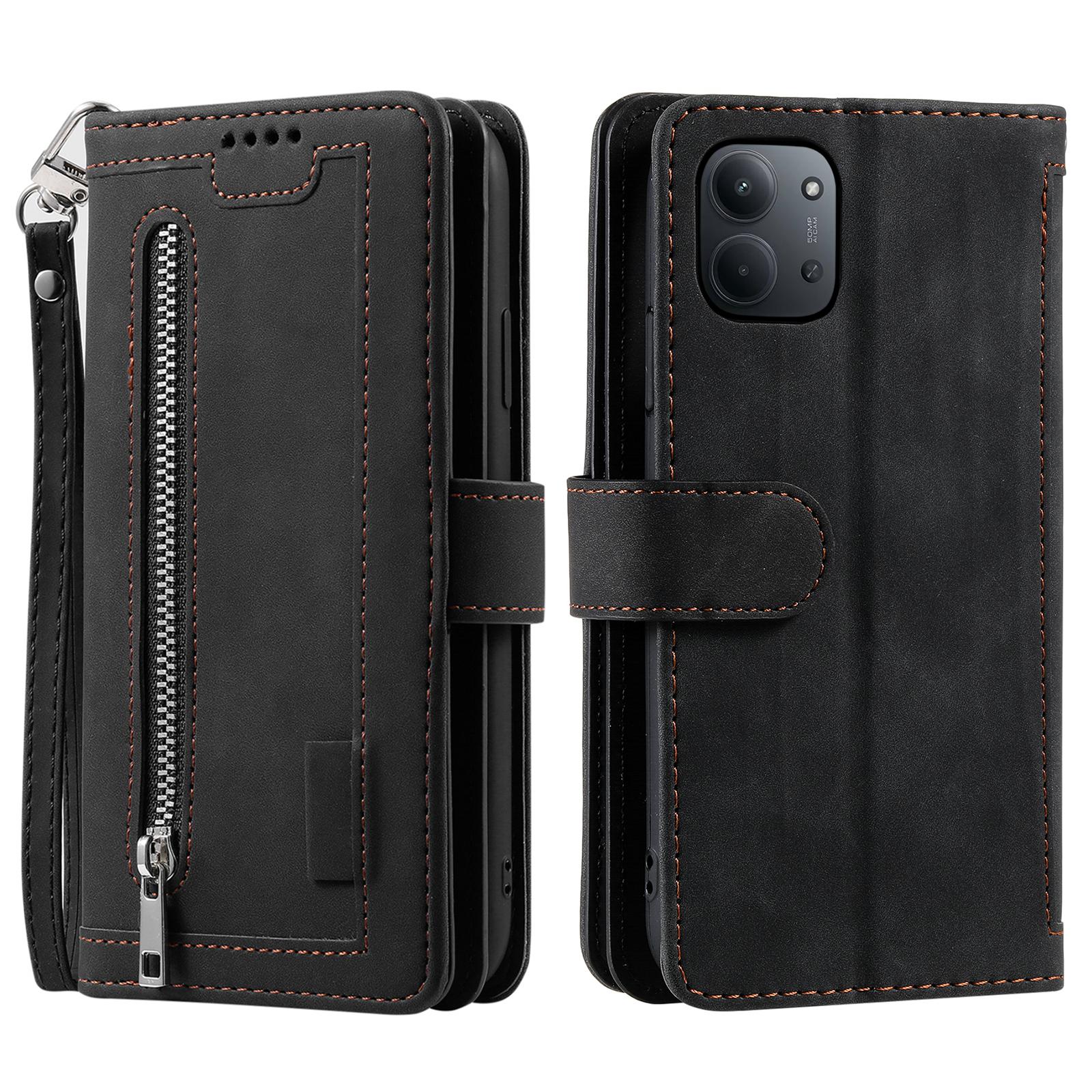 

Для Xiaomi Redmi 15C 4G (Європа) (173 мм) Чохол 9 відділень для карток Гаманець на блискавці Шкірзамінник PU Чохол для телефону з ремінцем на зап ястя Black