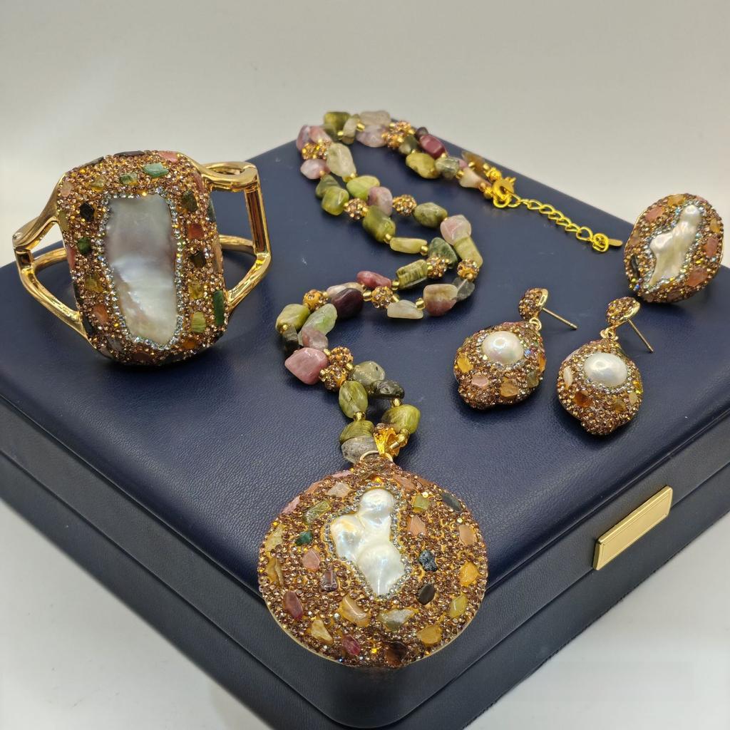 Natural Baroque freshwater pearl tourmaline inlaid four piece set, personalized medieval necklace, niche accessory