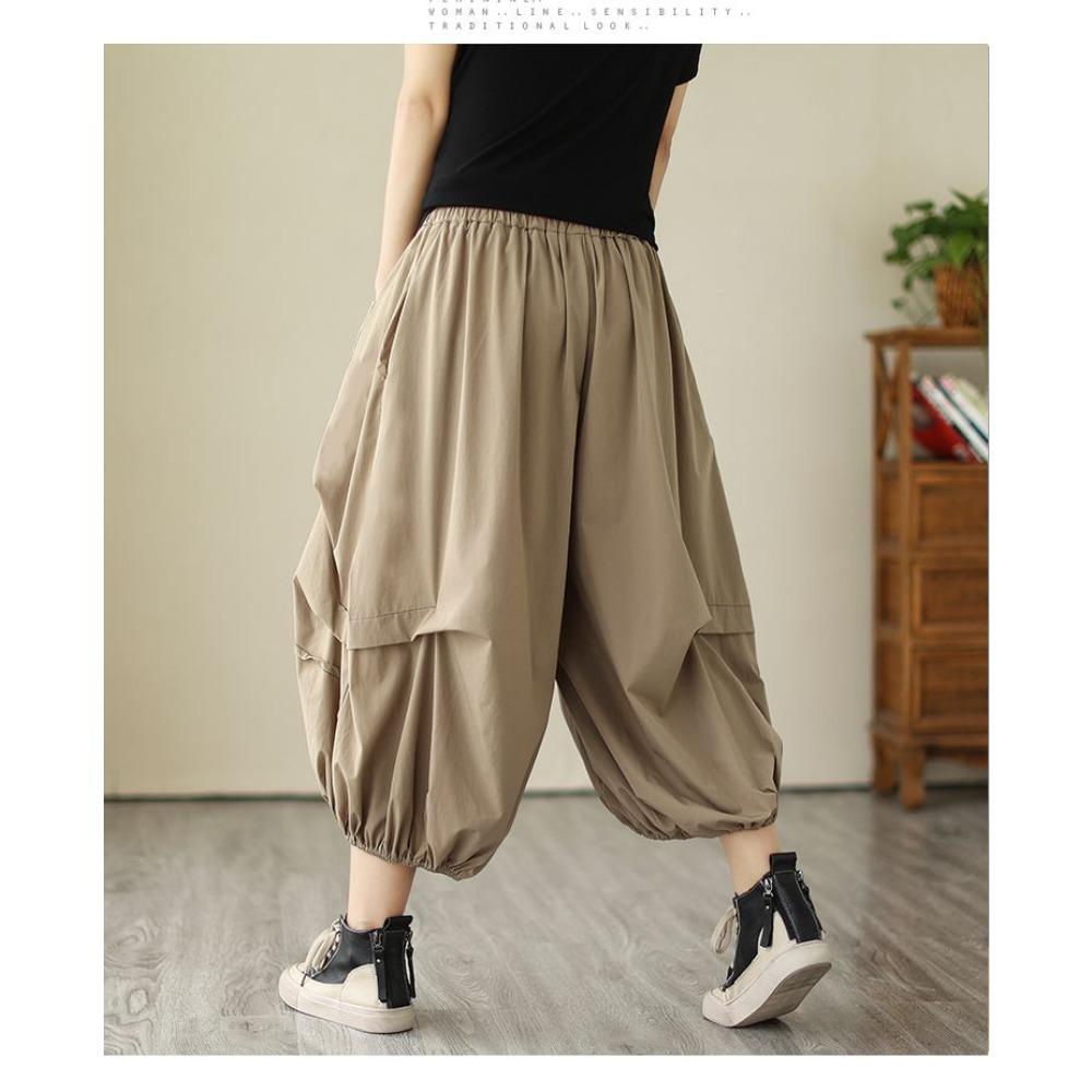 Design Sense Pleated Seven Quarter Pants for Women In Summer Loose Fit High Waisted Wide Leg Lantern Pants