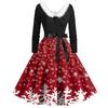 Christmas Print Flare Dress For Women Long Sleeve Dress Hollow Party Casual Dresses