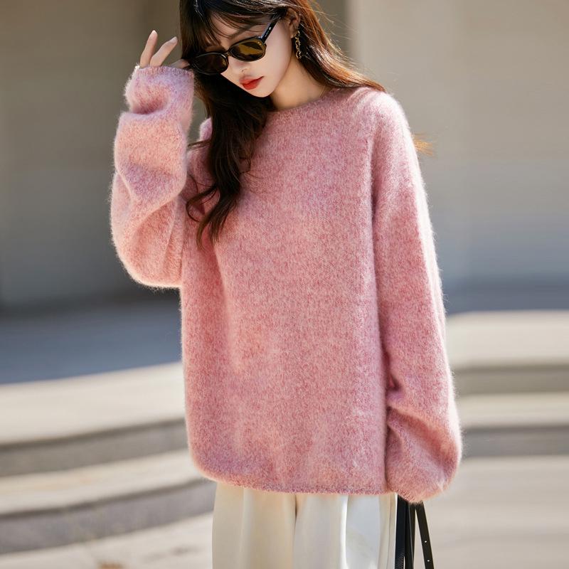 Women's Marled Yarn Thick Plush Wool Sweater - Autumn/Winter Loose Knit Pullover, Lazy Style Base Layer
