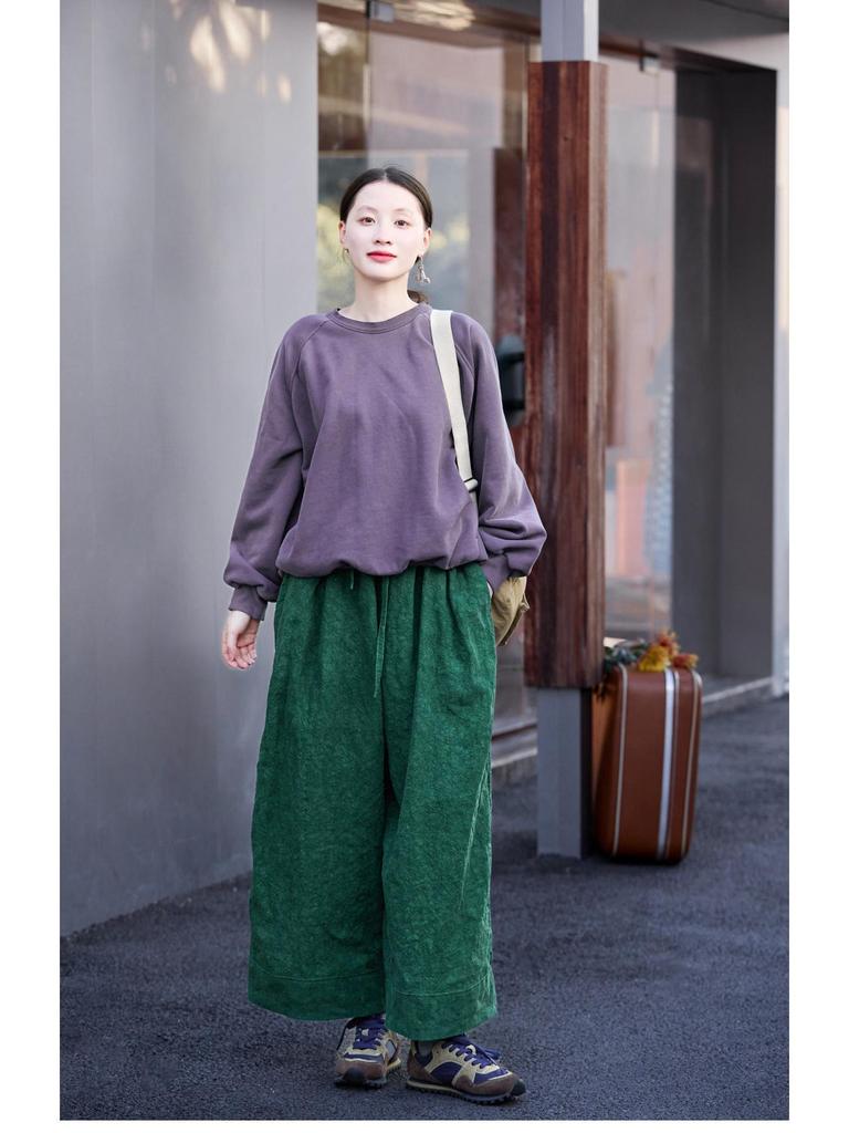 Spring Artistic Retro Forest Green Loose Linen Double-Layer Elastic Waist Pants