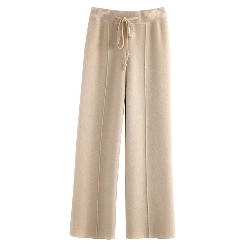 Mode Automne Hiver Taille Haute Cordon de Serrage Pantalon Femme Laine Fine Automne et Hiver Tricoté Droit Décontracté Pantalon Long Élégant Pantalon Ample 2367