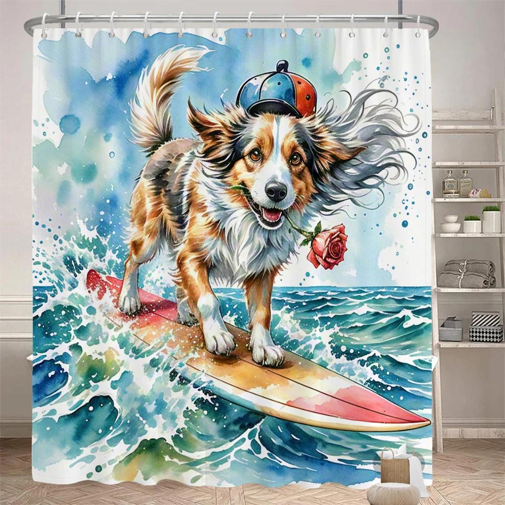 Watercolor cats and dogs funny shower curtain bathroom curtain Amusing and creative animal Decorative curtain with hooks