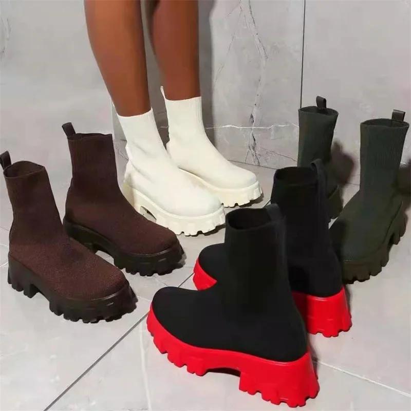 Fashion Women Boots White Platform Boots for Winter Autumn Botas Femininas Socks Ankle Boots Platform Shoes Women Heels Botines Mujer