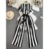 Fashion Celebrity Short Sleeve V-Neck Striped Dress Pants Casual High Waist Skinny Straight Wide Pants Jumpsuit