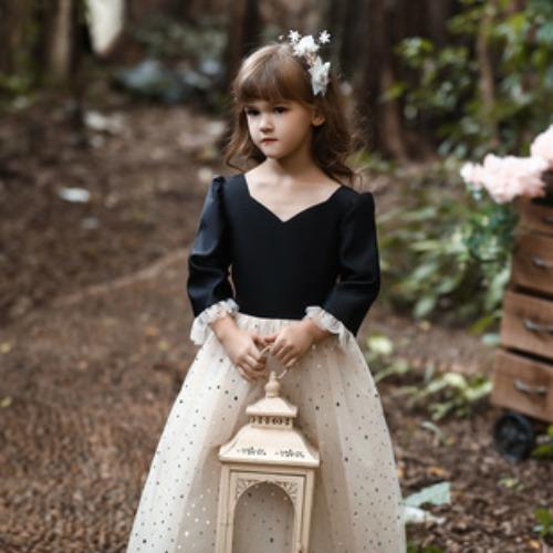 Girls' formal dress: long-sleeved lace puff-skirted princess dress for older children – perfect for emcees and performances