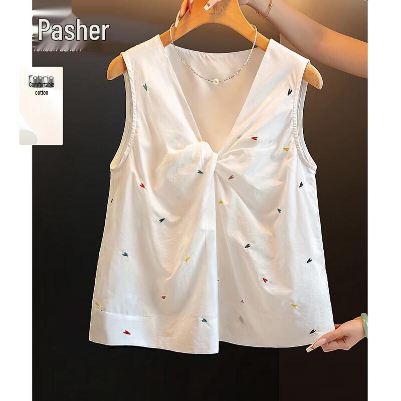 Women s Pure Cotton Heart Embroidered Twist-Knot Sleeveless Blouse S