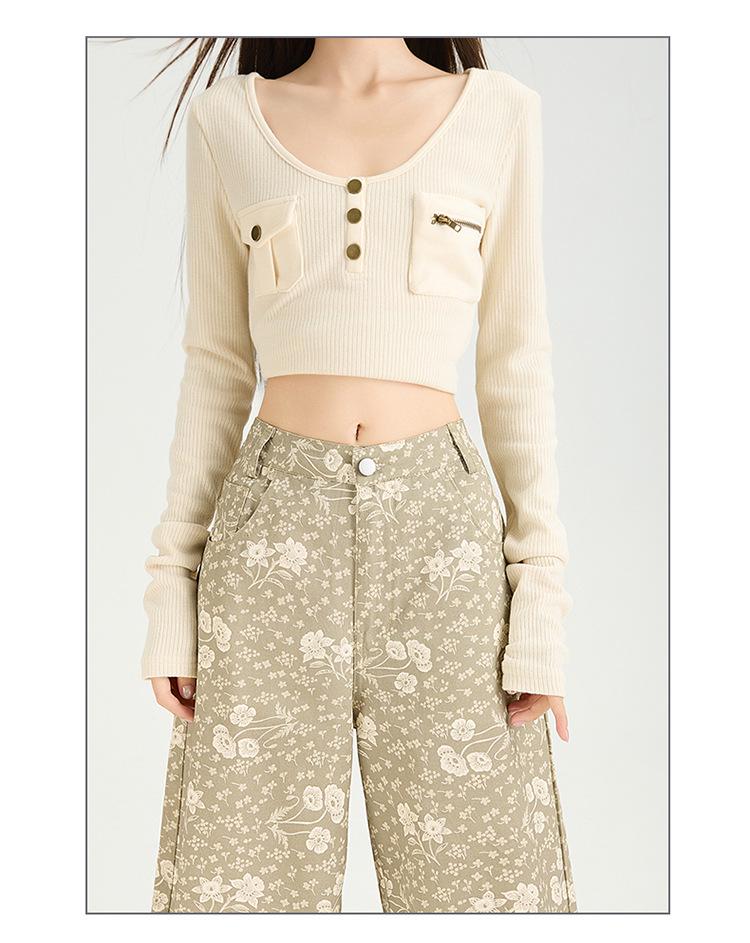 Women's 2025 Autumn Floral Wide-Leg Jeans - Loose, Draped, Lazy Style, Straight Leg