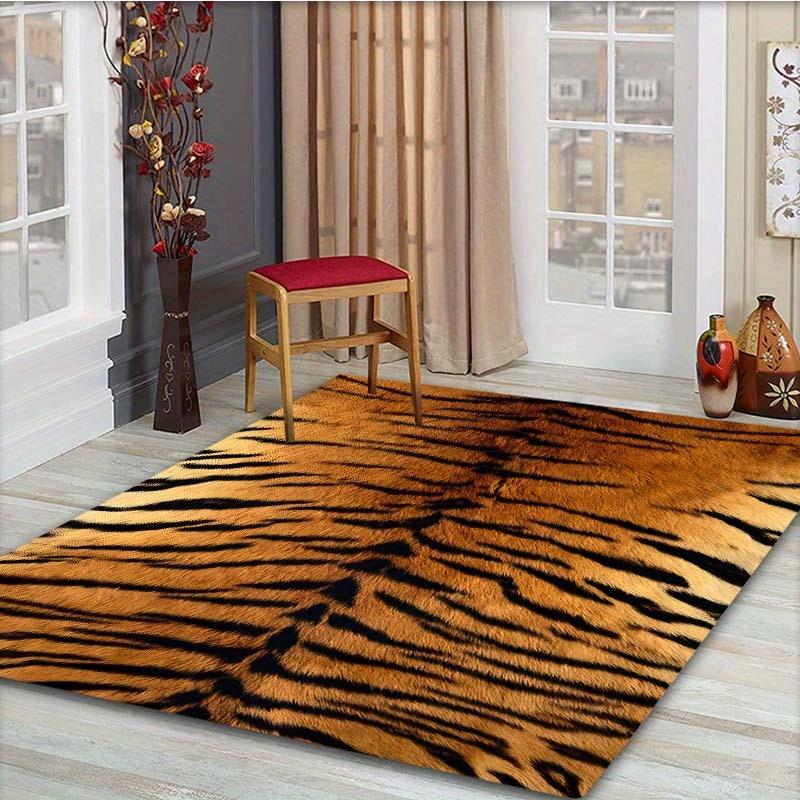 Extra Large Tiger Fur Mat Tiger Stripe Pattern Golden Brown Black Non Slip Backing Machine Washable Living Room Entryway Bedroom