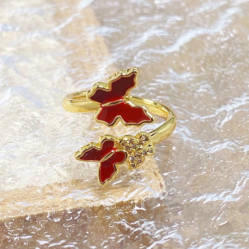 Retro Enamel Oil Butterfly Series Open Ring Women'S Western Regions Unique Niche Stacked Ring