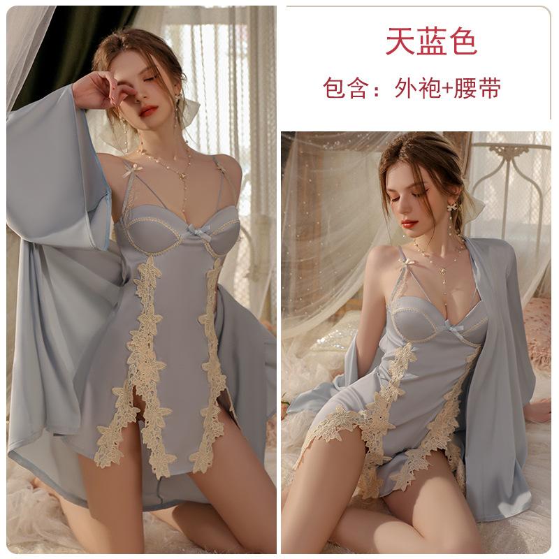Women's Satin Push Up Padded Backless Cami Sleep Dress with Robe Lounge Set