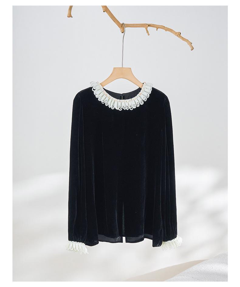Women's French Retro Mulberry Silk Velvet Top with Lace & Butterfly Trim