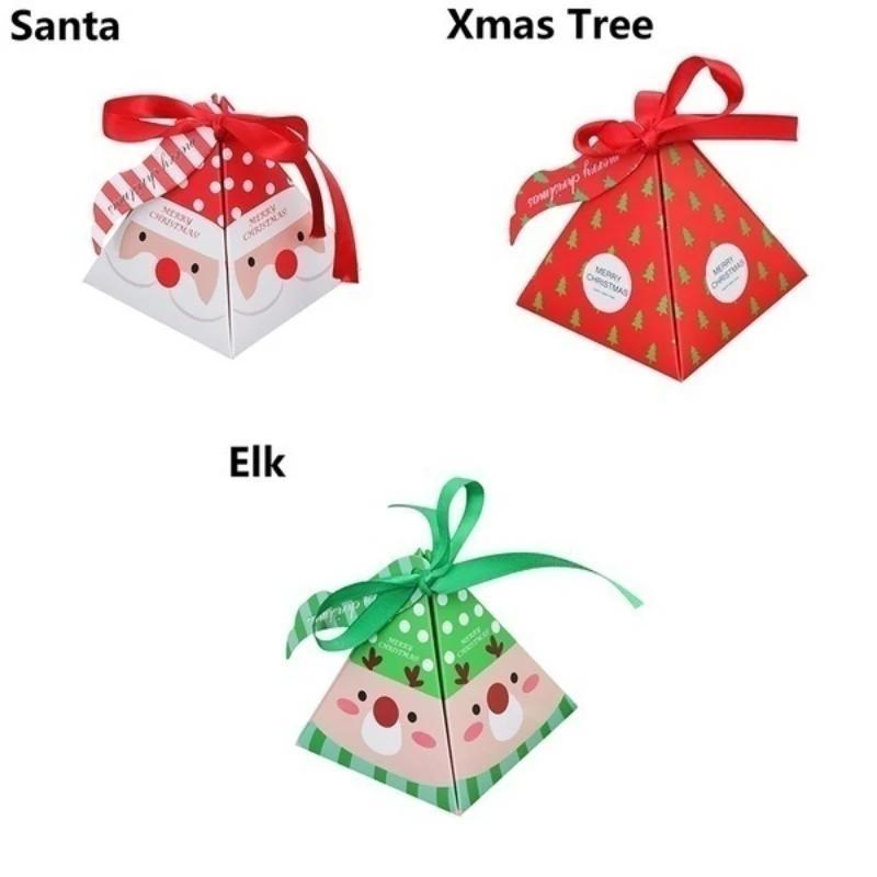 10Pcs Christmas Candy Packaging Box Santa Claus Reindeer Triangle Gift Box Merry Christmas Labeled Kraft Paper Box Party Supplie