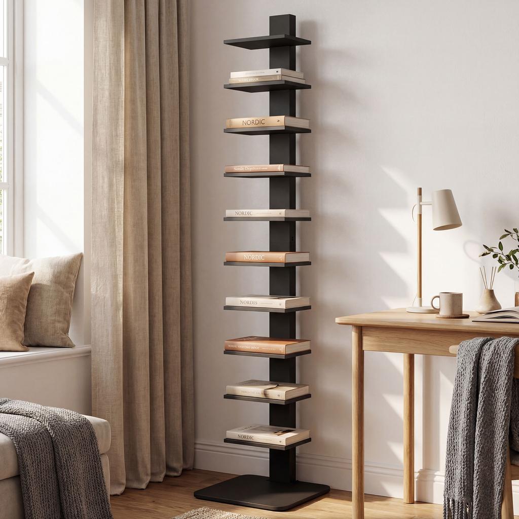 Estante Alta Moderna de 11 Prateleiras para Economizar Espaço em Estilo Industrial, 34,5x41,5x163,5 cm, Preta