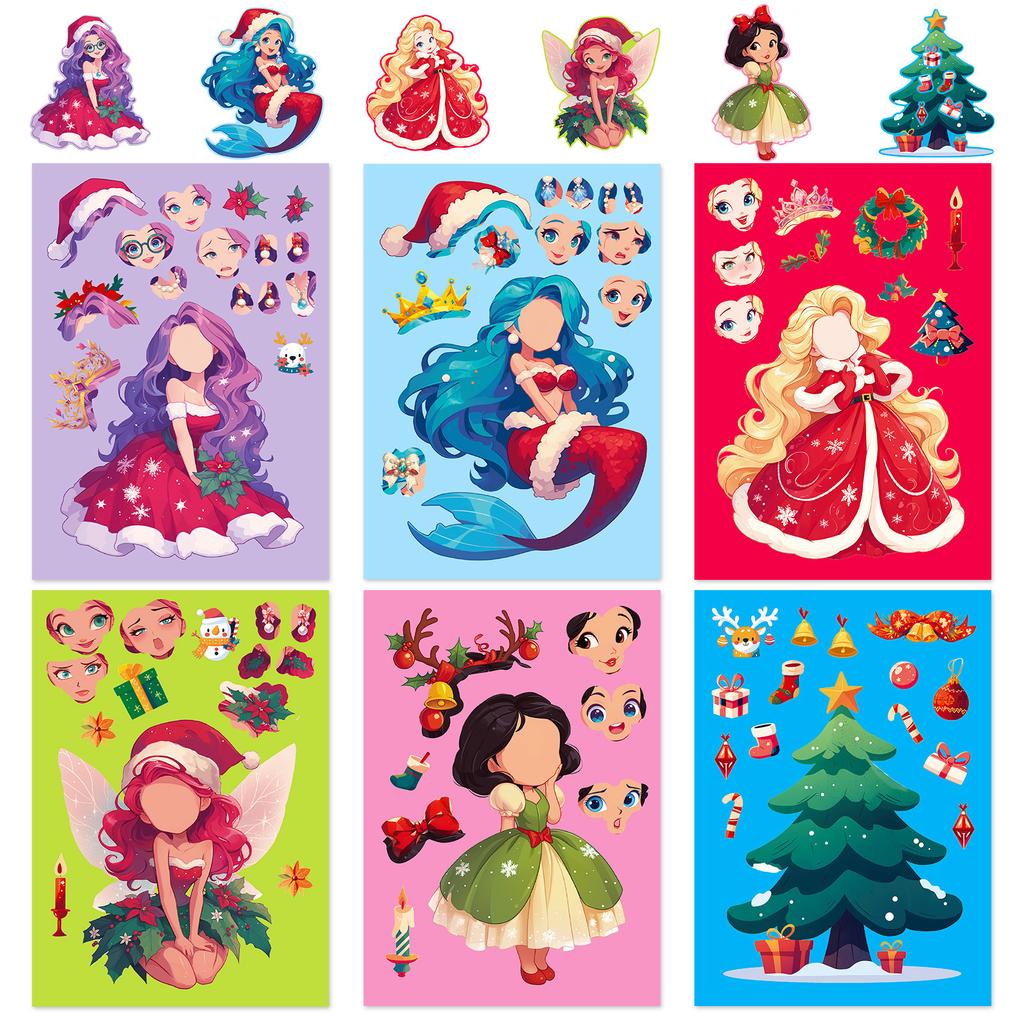 6 Pieces/pack Christmas Princess Series Face Change Stickers Puzzle Doodle Mermaid Elf DIY Decoration Stickers Paper
